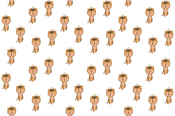 Children's cartoon seamless pattern of cute little joyful tiger cubs in yoga asanas Vrikshasana tree pose on white background. The endless texture of sporty ginger cats. Vector.
