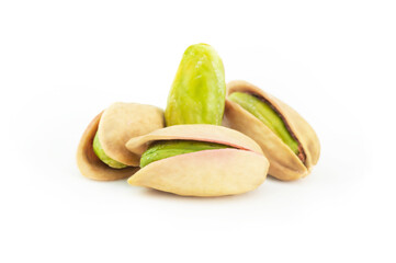 Peeled roasted pistachios isolated on white background, healthy nut