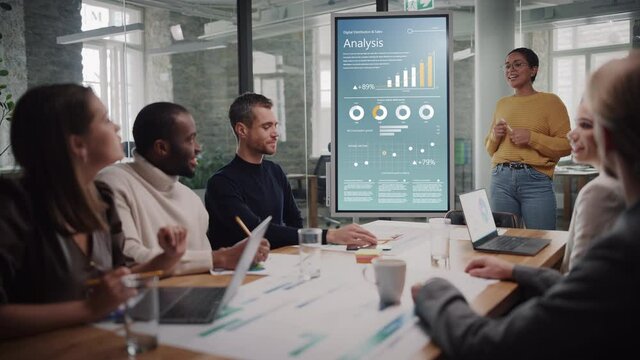 Project Manager Makes a Presentation for a Young Diverse Creative Team in Meeting Room in an Agency. Colleagues Sit Behind Conference Table and Discuss Business Development, Sales Analysis and Design.