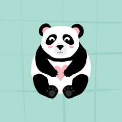 Cute panda with pink cheeks and pink heart. Panda cartoon on green background. Cute love card for Valentine's Day.