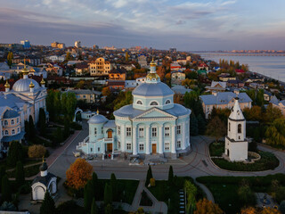 Evening autumn Voronezh, Akatov monastery, aerial drone view