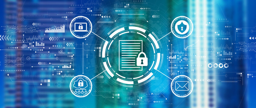 Data Protection Concept With Downtown Skyline Buildings