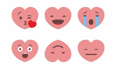 Set of six heart shaped emoticons. Vector emoji heads in the shape of hearts with different emotions on the face. Icons isolated on white background