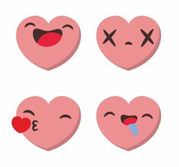 Set of four heart shaped emoticons. Vector emoji heads in the shape of hearts with different emotions on the face. Icons isolated on white background