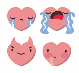 Set of four heart shaped emoticons. Vector emoji heads in the shape of hearts with different emotions on the face. Icons isolated on white background