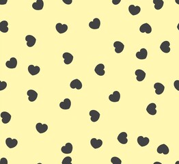 Endless seamless pattern of hearts of different directions. Black vector hearts on yellow. Wallpaper for wrapping paper. Background for Valentine's Day