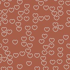 Endless seamless pattern of white contour hearts. Vector hearts on brown. Wallpaper for wrapping paper. Background for Valentine's Day
