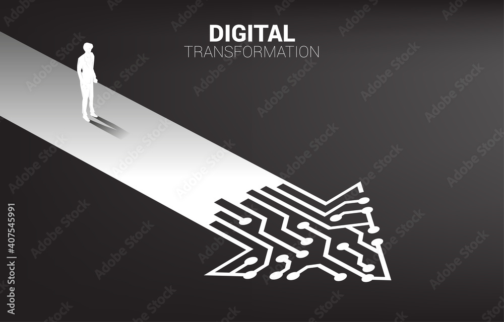 Poster silhouette of businessman standing on the way with dot connect line circuit. concept of digital tran