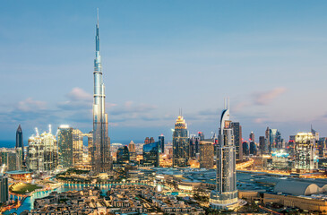 View on modern skyscrapers and busy evening highways in luxury Dubai city,Dubai,United Arab Emirates