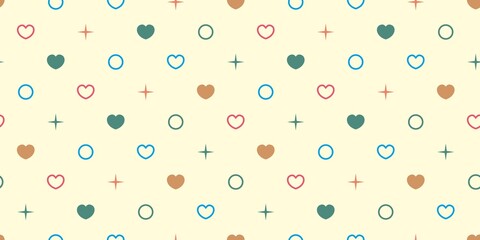Endless seamless pattern of hearts of different colors, circles and dots. Green blue pink vector hearts on yellow. Wallpaper for wrapping paper. Background for Valentine's Day