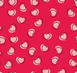 Endless seamless pattern of hearts of different directions. Pink vector hearts on red. Wallpaper for wrapping paper. Background for Valentine's Day