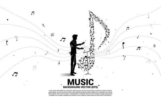Vector silhouette of conductor with music icon shaped from key note dancing . Concept background for song and concert theme.