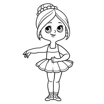 Beautiful cartoon ballerina girl in lush tutu outlined for coloring isolated on a white background