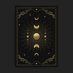Moon phases in tarot cards, decorated with golden clouds, moon circulation, outer space and many stars - obrazy, fototapety, plakaty