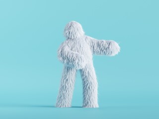 3d render, white hairy yeti stands, furry bigfoot toy, funny winter monster cartoon character isolated on mint blue background, standing pose - obrazy, fototapety, plakaty