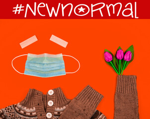 New normal international woman's day during COVID-19 pandemic flat lay concept, poster, unhappy...