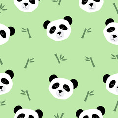 Cute panda head and bamboo. Animal head cartoon. Panda head seamless pattern.