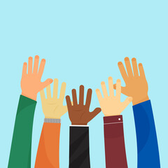 Raised up vector hands of different race skin color on blue background. Volunteering charity, concept of education, business training. Colorful clothes. Diversity concept. People illustration