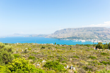 Beautiful panorama of the Chania (Crete, Greece) coastine and mountains. Perfect summer destination on the mediterranean sea.