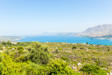 Beautiful panorama of the Chania (Crete, Greece) coastine and mountains. Perfect summer destination on the mediterranean sea.