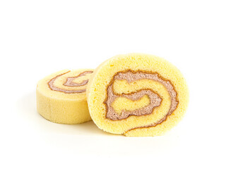 Stack of Sponge cake roll slices on white background. two swiss roll with coffee cream isolated picture. Homemade bakery concept.