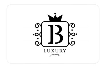 B simple monogram alphabet letter logo in black and white. Creative icon design with king crown for luxury company and business