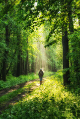 young woman walking along a forest trail with rays of sunlight shining through the leaves of the trees