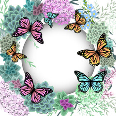 Fototapeta na wymiar Beautiful floral frame with different flowers and succulents. Floral card with butterflies. Vector illustration