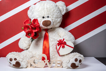 teddy bear in a red tie with flowers and a heart shaped gift box