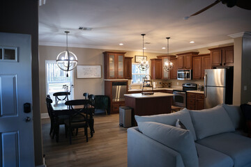 Small renovated dark wood kitchenwith view of dining and living room