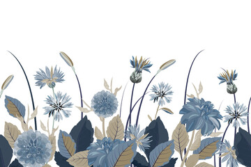 Vector floral seamless border. Flower background. Seamless pattern with blue cornflowers, dahlias, thistles flowers, blue, brown leaves. Floral elements isolated on white background.