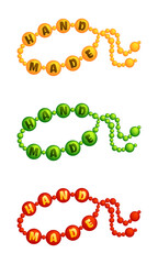 Set of three different colored bracelets with the inscription Hand Made on white background	