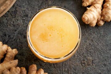 Top view of a probiotic drink with ginger