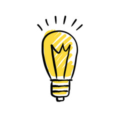 Shining light bulb doodle illustration. Hand drawn bright electric lamp. Symbol of idea and solution.