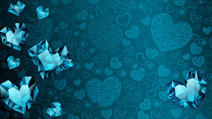 Background of big, small and several crystal hearts in light blue colors. Illustration on Valentine Day