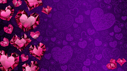 Background of big, small and several crystal hearts, red on purple. Illustration on Valentine Day