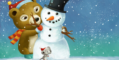 cartoon christmas scene with different animals and snowman illustration