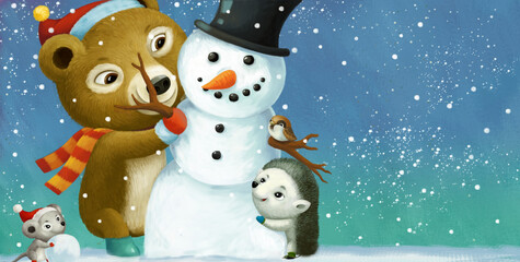 cartoon christmas scene with different animals and snowman illustration