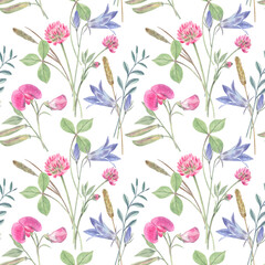 Fototapeta na wymiar Meadow flowers on white isolated background. Seamless pattern. Watercolor illustration of clover, sweet peas, bluebells and herbs. Fresh and elegant artwork, perfect for cottage and farmhouse styles. 
