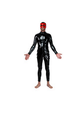 Adult bearded man in Fashion BDSM latex rubber costume with red mask stands with hands on his sides isolated on a white background.. Caucasian man dressed in fashionable latex rubber fetish clothes.
