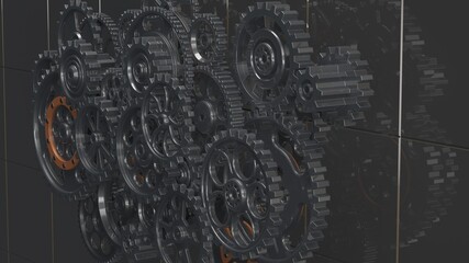 Mechanism black-orange gears and cogs at work on spot light background. Industrial machinery. 3D illustration. 3D high quality rendering.