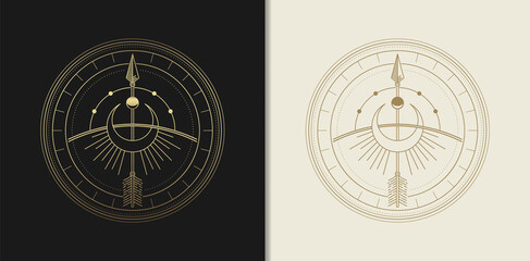Arrow, bow with geometric symbols frames. Sacred mystic signs drawn in lines. Illustration in black and gold colors.ate1 © ekosuwandono