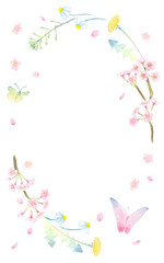 ＜フレーム素材＞水彩画で描かれた、春の植物と蝶のリース（縦長の楕円）