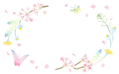 ＜フレーム素材＞水彩画で描かれた、春の植物と蝶のリース（横長の楕円）