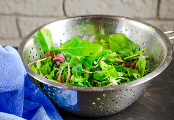 Fresh leaves of various types of salad in a colander