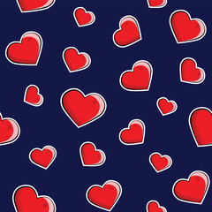 Stylish red drawn hearts on a blue background. Wrapping paper. 
