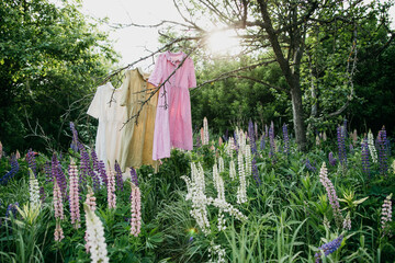 Natural colored dresses hanging on on a tree in the garden with lupine flowers. Concept organic clothes, eco-friendly, ecological fashion