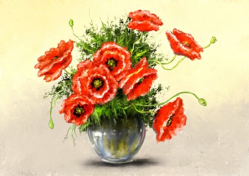 Oil paintings still life, poppies, red flowers in a vase. Fine art.