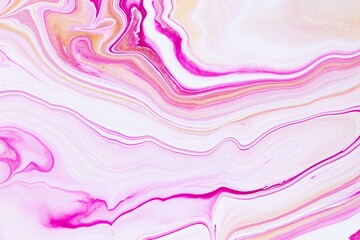 Fluid art texture. Background with abstract iridescent paint effect. Liquid acrylic artwork with flows and splashes. Mixed paints for interior poster. Coral, golden and white overflowing colors