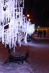 Glowing led-lamp garlands in a snowy park at night. Garlands in the form of trees